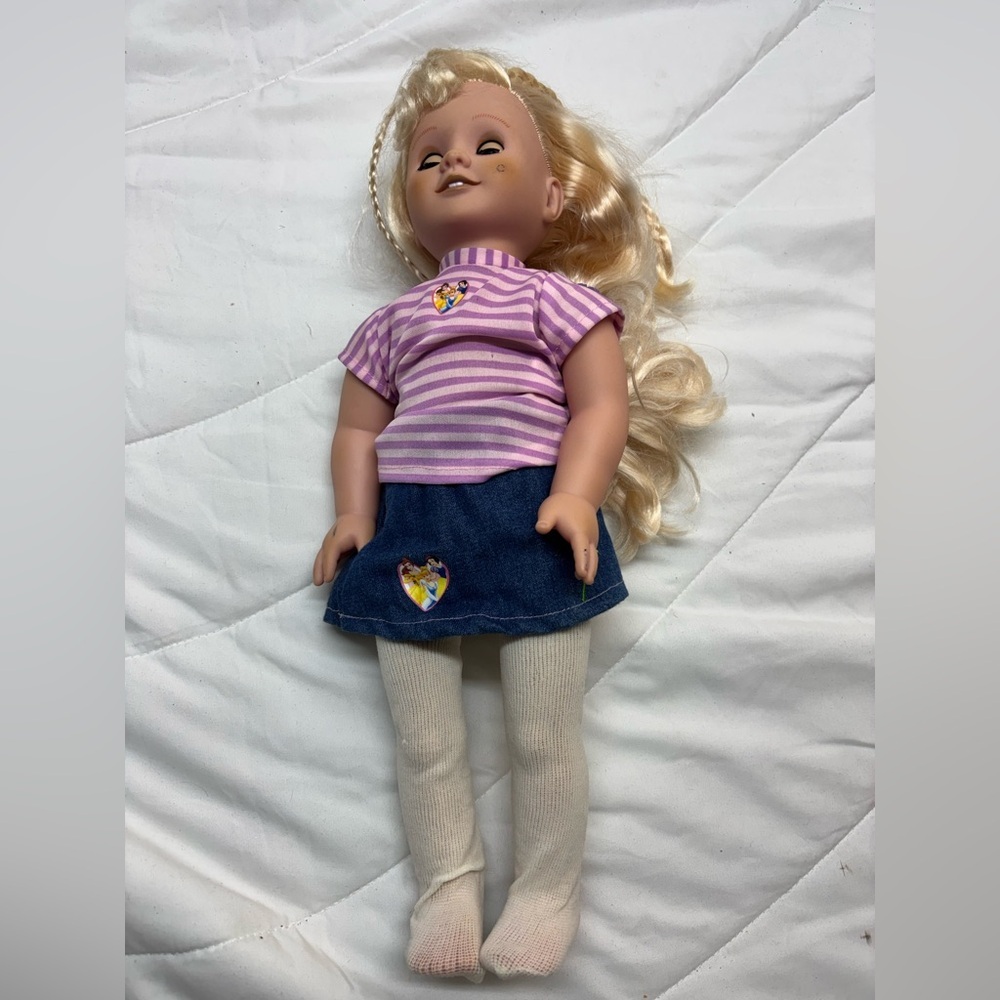 18” Doll with Striped Purple & Denim Disney princess outfit Blonde hair blue eye